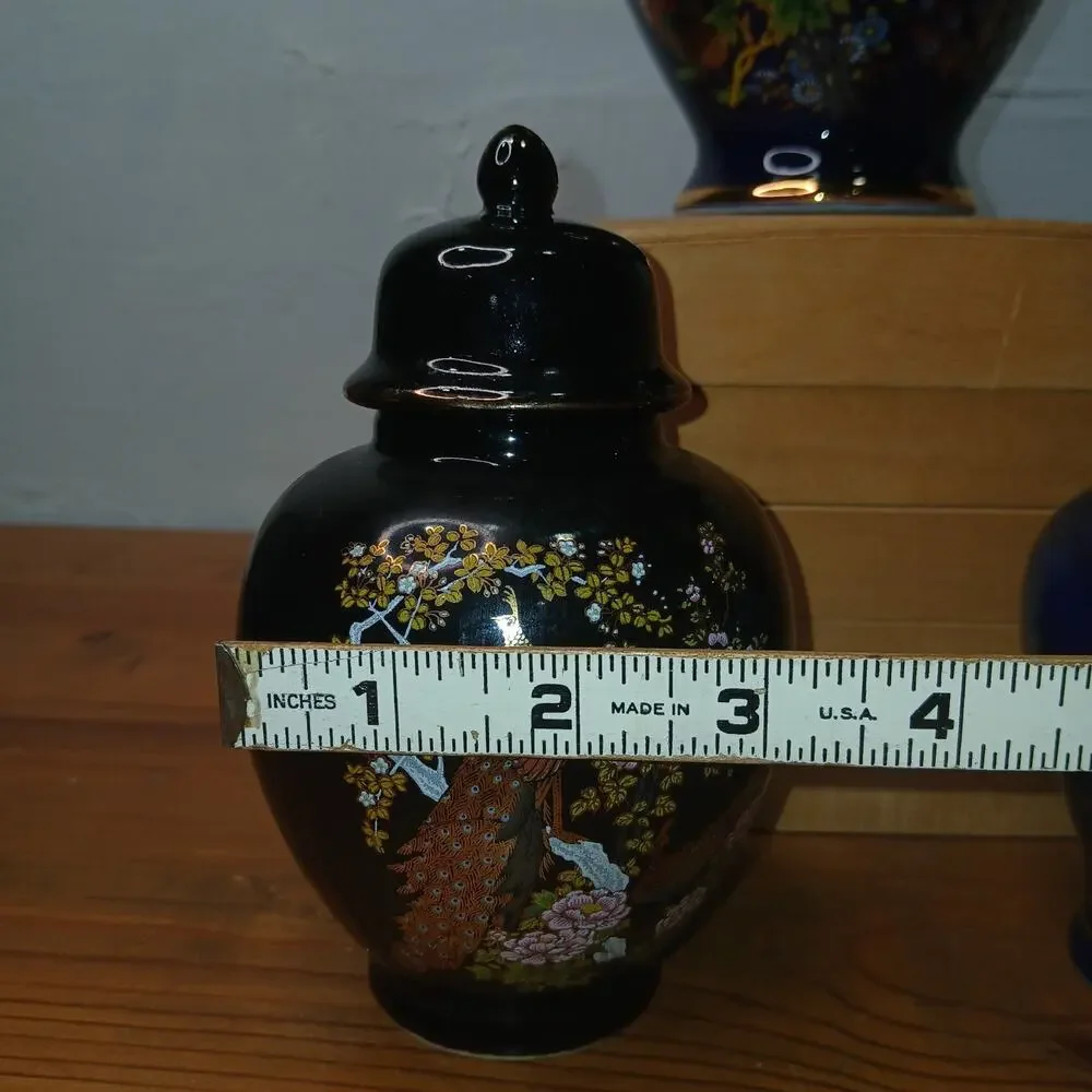 3 Cobalt Blue Vase Ginger Jar with Lid Floral Peacock Asian Decor Accent #54
